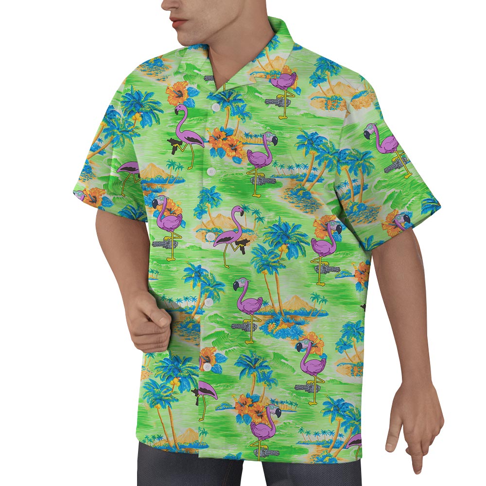 Flamingo Beach Green Hawaiian Shirt Men