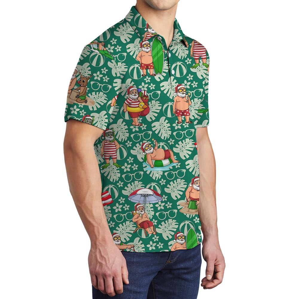 Funny Beach Santa Green Hawaiian Polo Men