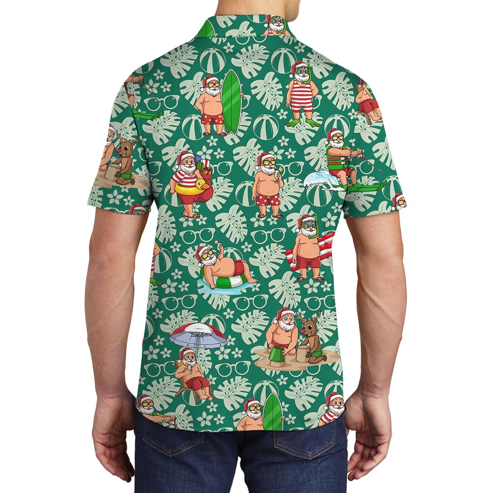 Funny Beach Santa Green Hawaiian Polo Men