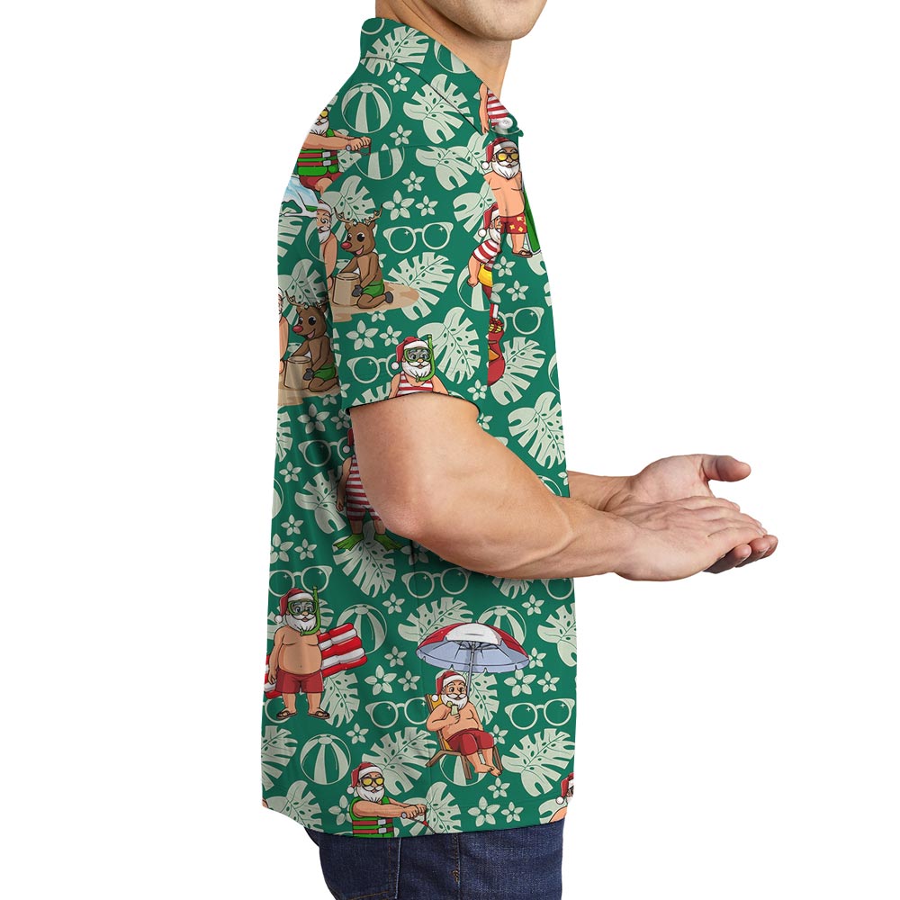 Funny Beach Santa Green Hawaiian Polo Men