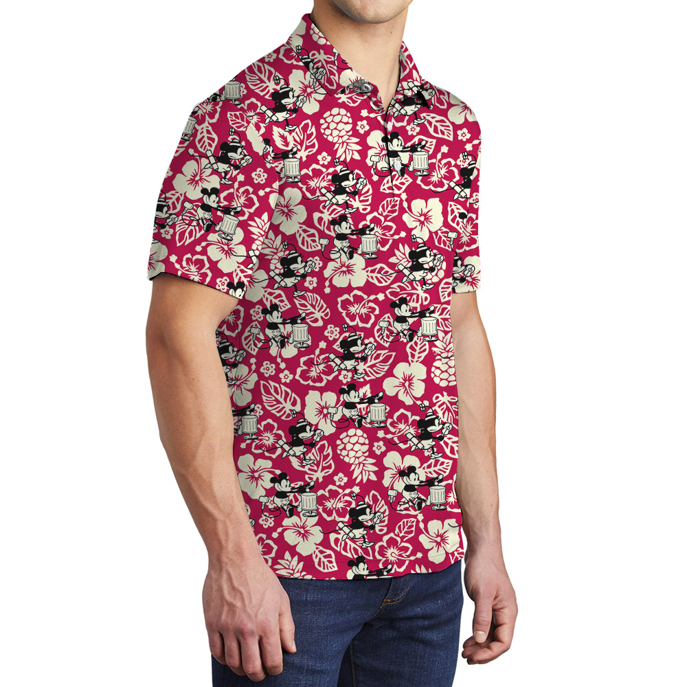 Cute Mickey Steamboat Willie Vintage Hibiscus Hawaiian Polo Shirt