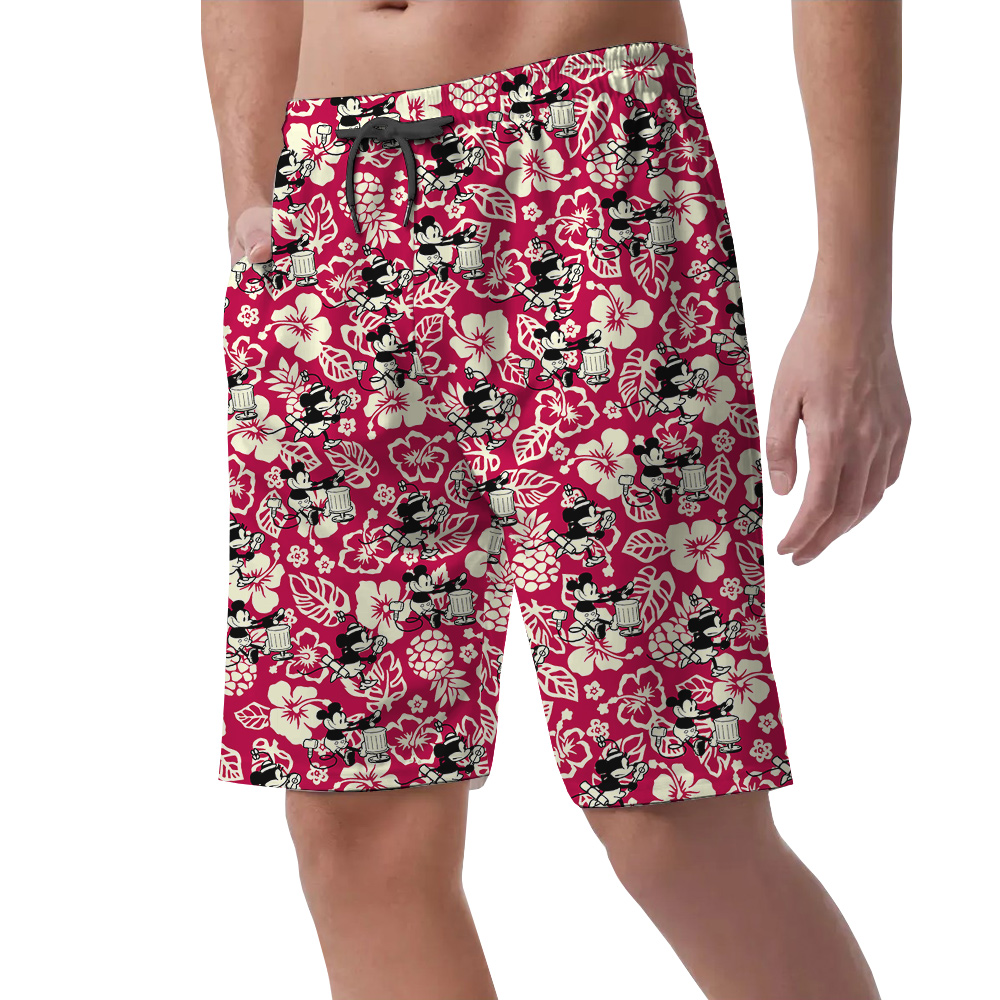 Funny Mickey Steamboat Willie Floral Vintage Hawaiian Beach Shorts For Men