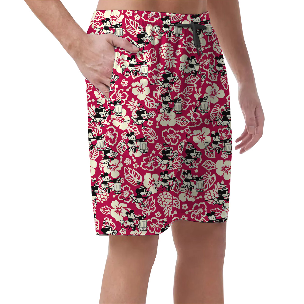 Funny Mickey Steamboat Willie Floral Vintage Hawaiian Beach Shorts For Men