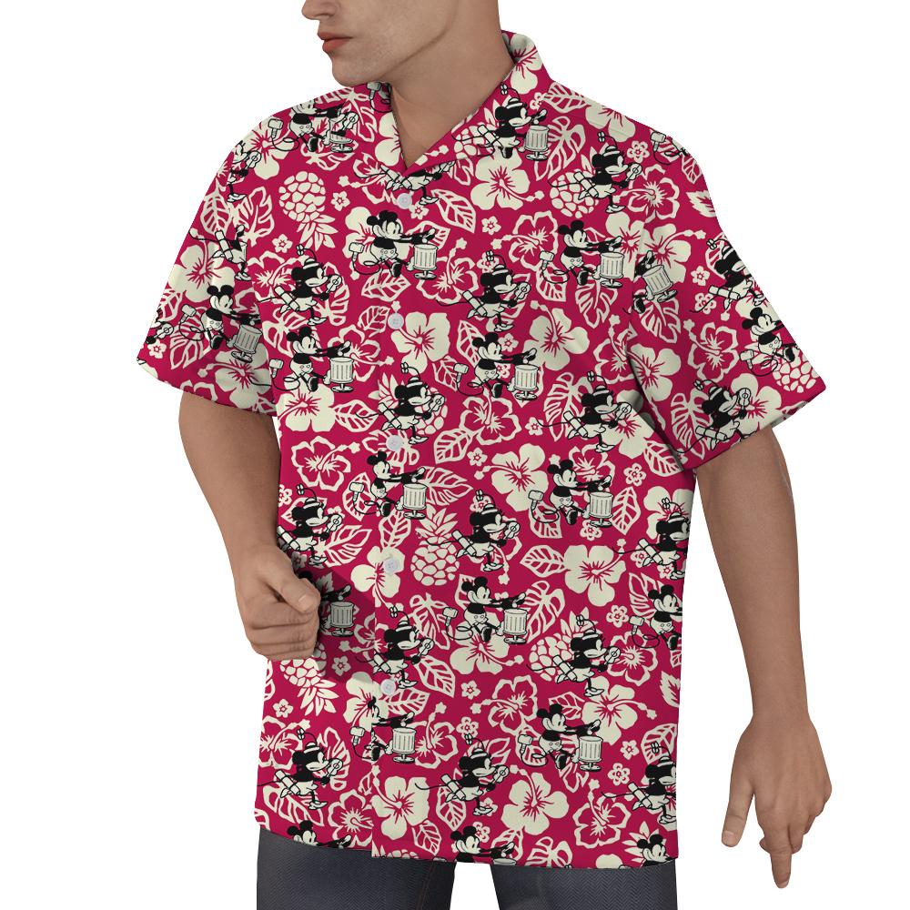 Steamboat Willie Mickey Hibiscus Red Hawaiian Shirt