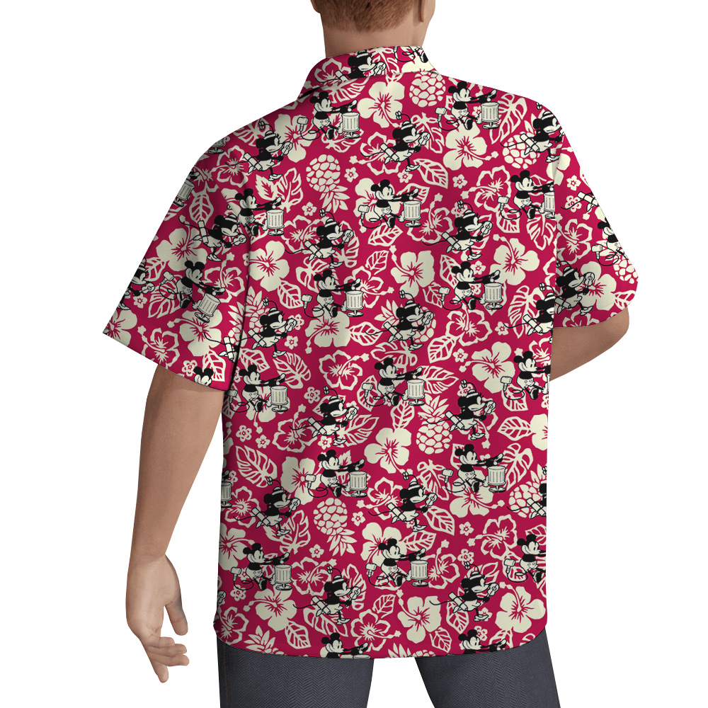Steamboat Willie Mickey Hibiscus Red Hawaiian Shirt