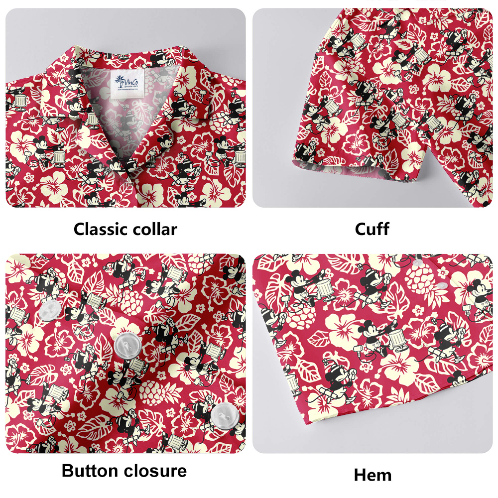 Steamboat Willie Mickey Hibiscus Red Hawaiian Shirt