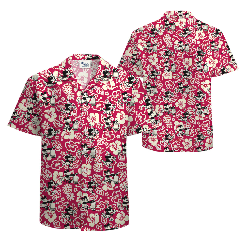 Steamboat Willie Mickey Hibiscus Red Hawaiian Shirt