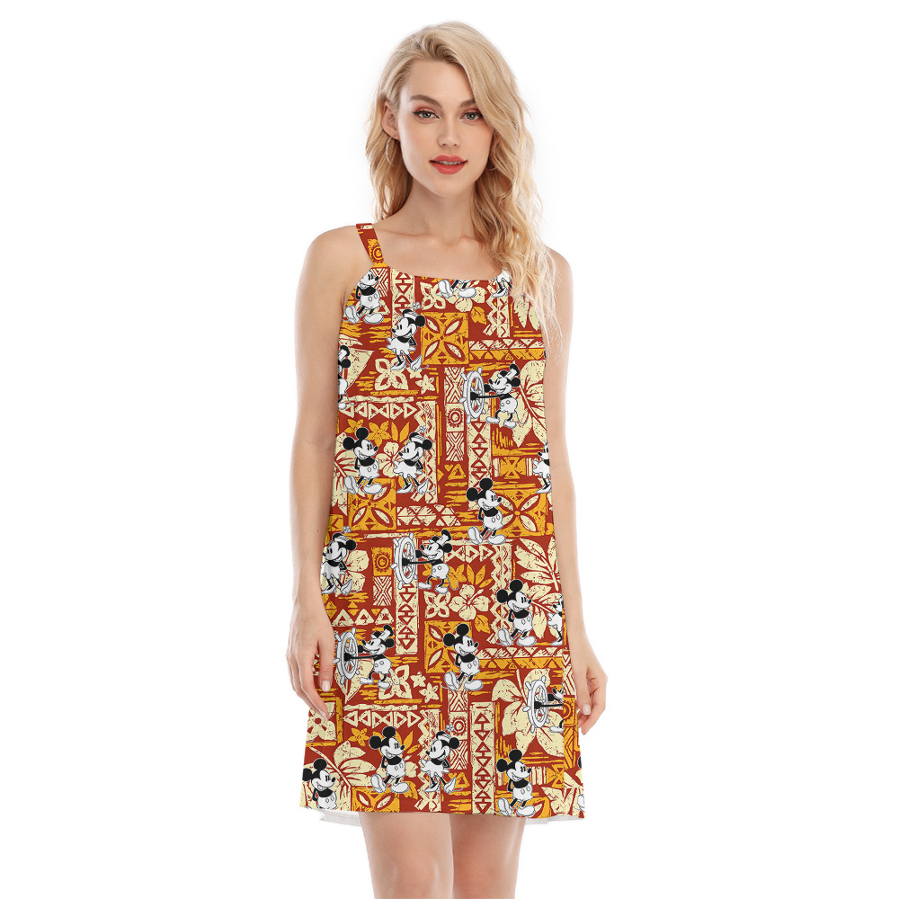 Tapa Hibiscus Steamboat Willie Mickey Orange Aloha Dress - variant image 1