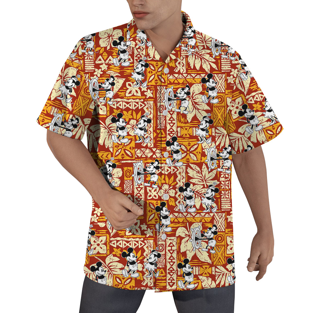Vintage Mickey Steamboat Willie Tapa Hibiscus Orange Hawaiian Shirt - variant image 1