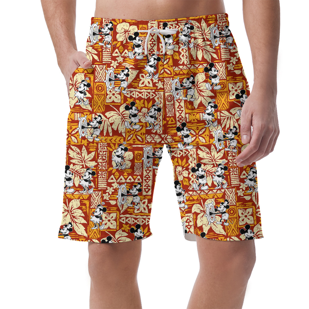 Steamboat Willie Mickey Tapa Hibiscus Orange Hawaiian Beach Shorts For Men - variant image 1
