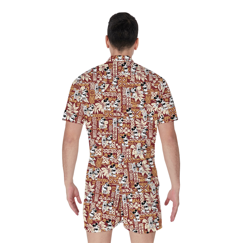 Vintage Mickey Steamboat Willie 1928 Tapa Brown Hawaiian Romper For Men