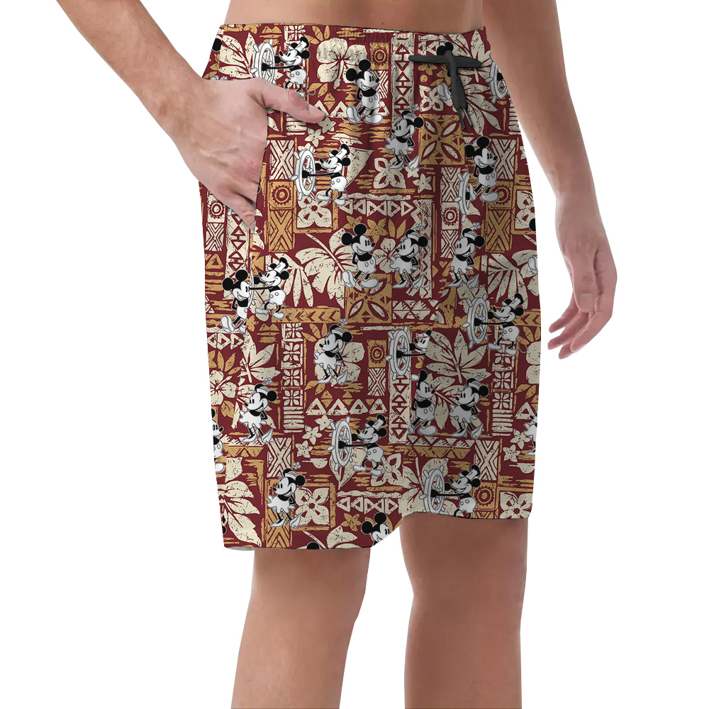 Steamboat Willie Mickey Vintage Hibiscus Hawaiian Beach Shorts For Men