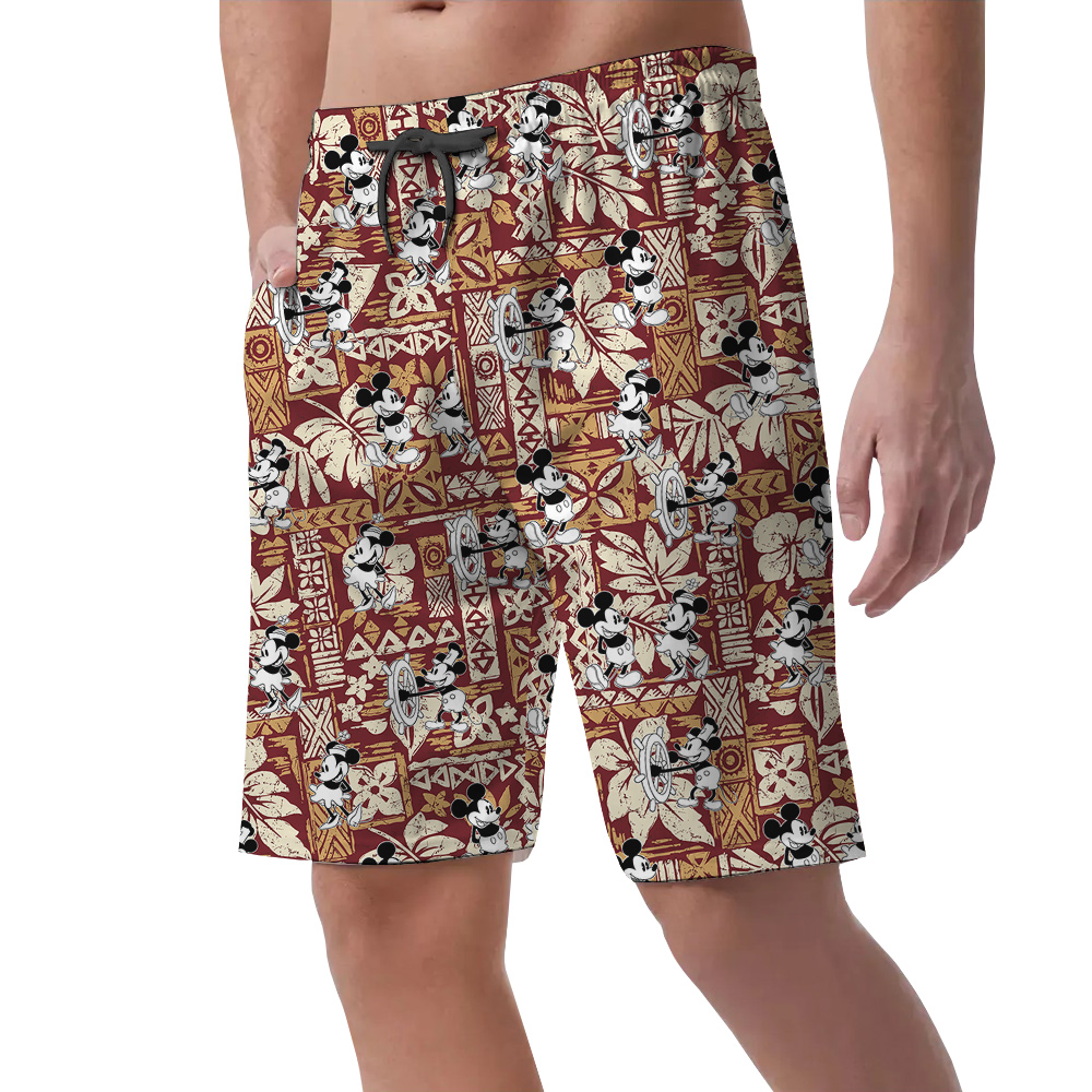 Steamboat Willie Mickey Vintage Hibiscus Hawaiian Beach Shorts For Men
