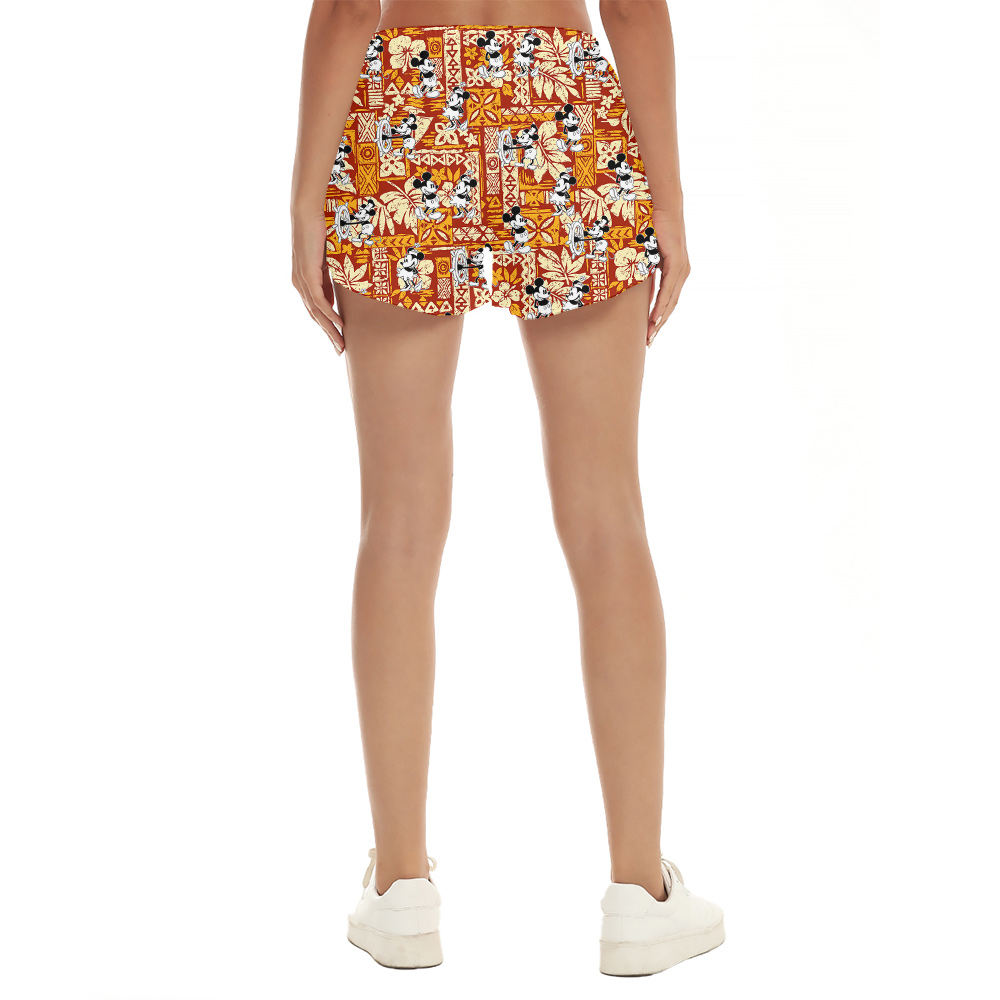 Steamboat Willie Mickey Tapa Hibiscus Hawaiian Beach Shorts For Women