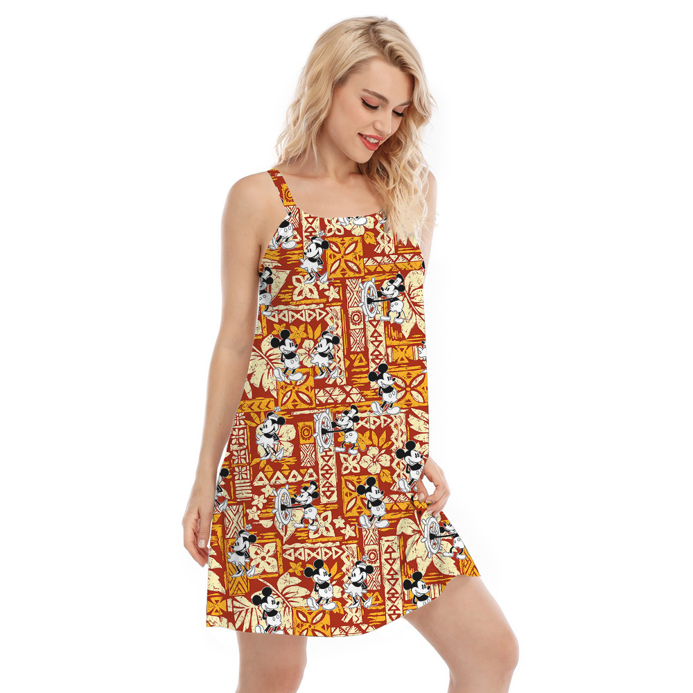 Tapa Hibiscus Steamboat Willie Mickey Orange Aloha Dress