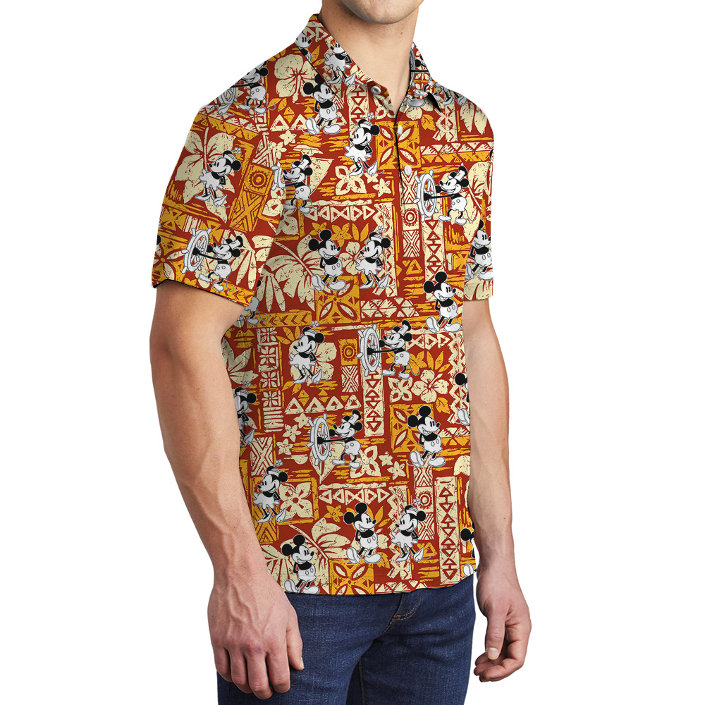 Hibiscus Tapa Pattern Steamboat Willie Mickey Hawaiian Polo Shirt