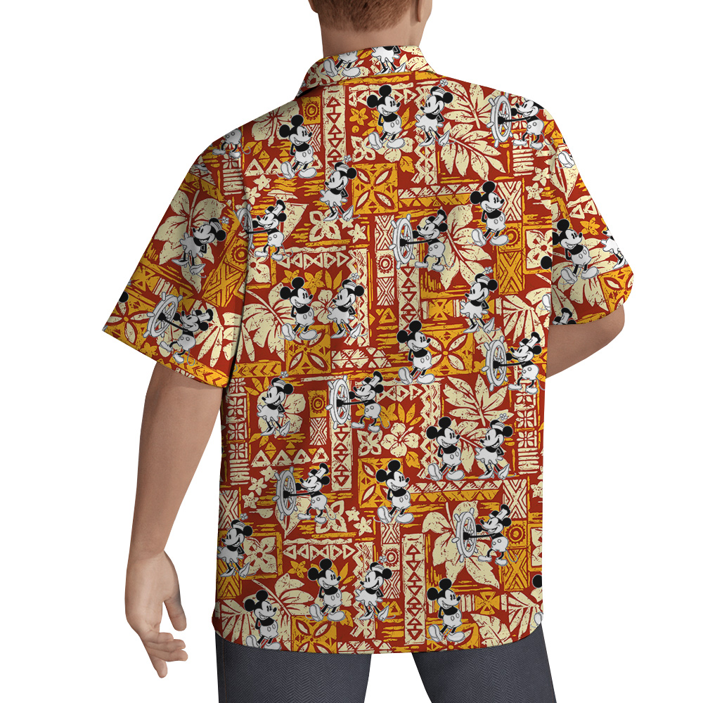 Vintage Mickey Steamboat Willie Tapa Hibiscus Orange Hawaiian Shirt