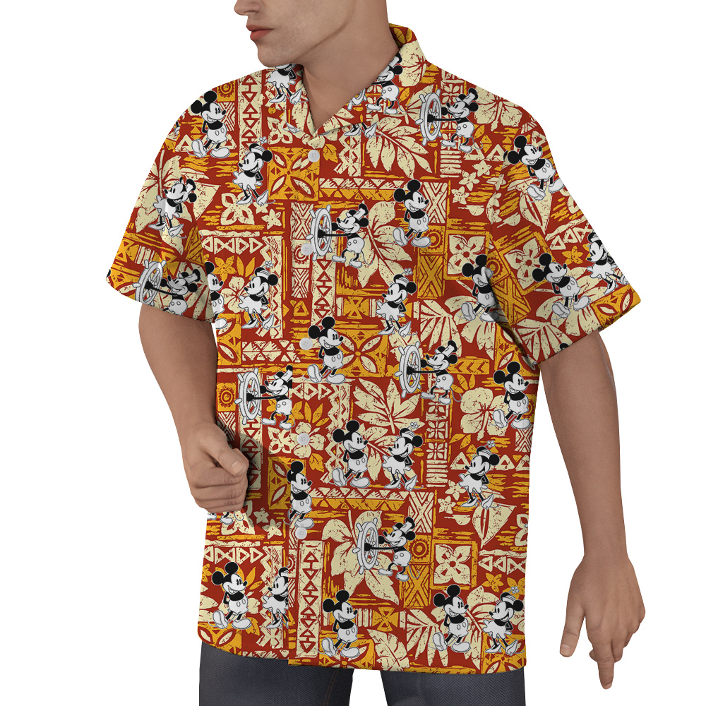 Vintage Mickey Steamboat Willie Tapa Hibiscus Orange Hawaiian Shirt