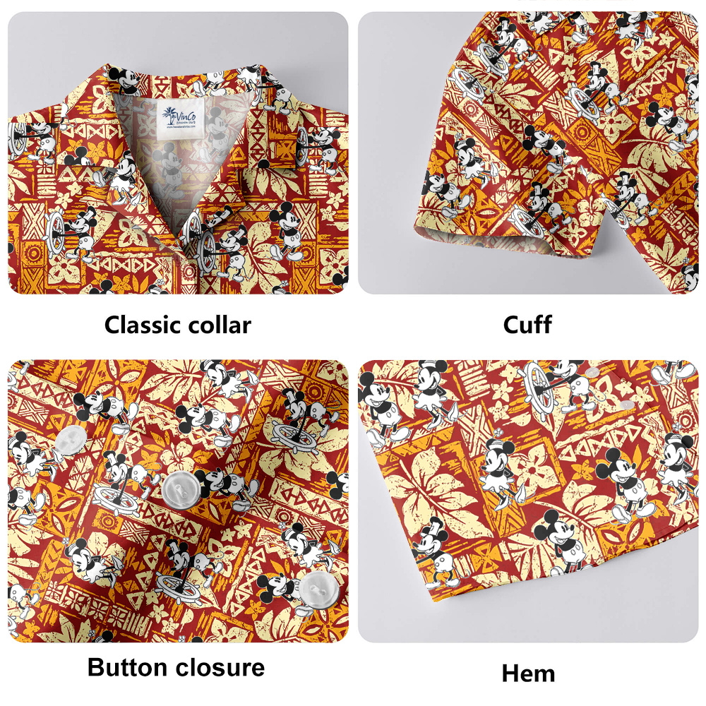 Vintage Mickey Steamboat Willie Tapa Hibiscus Orange Hawaiian Shirt