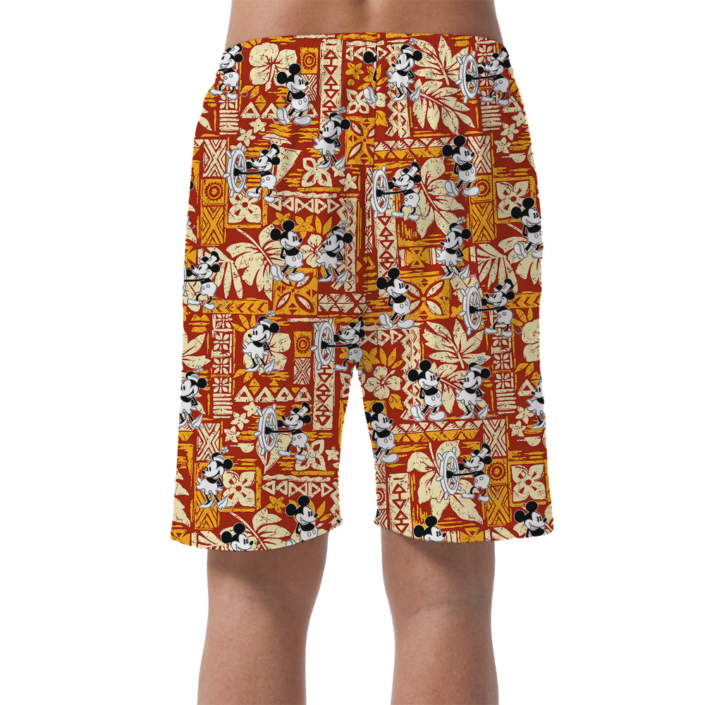 Steamboat Willie Mickey Tapa Hibiscus Orange Hawaiian Beach Shorts For Men
