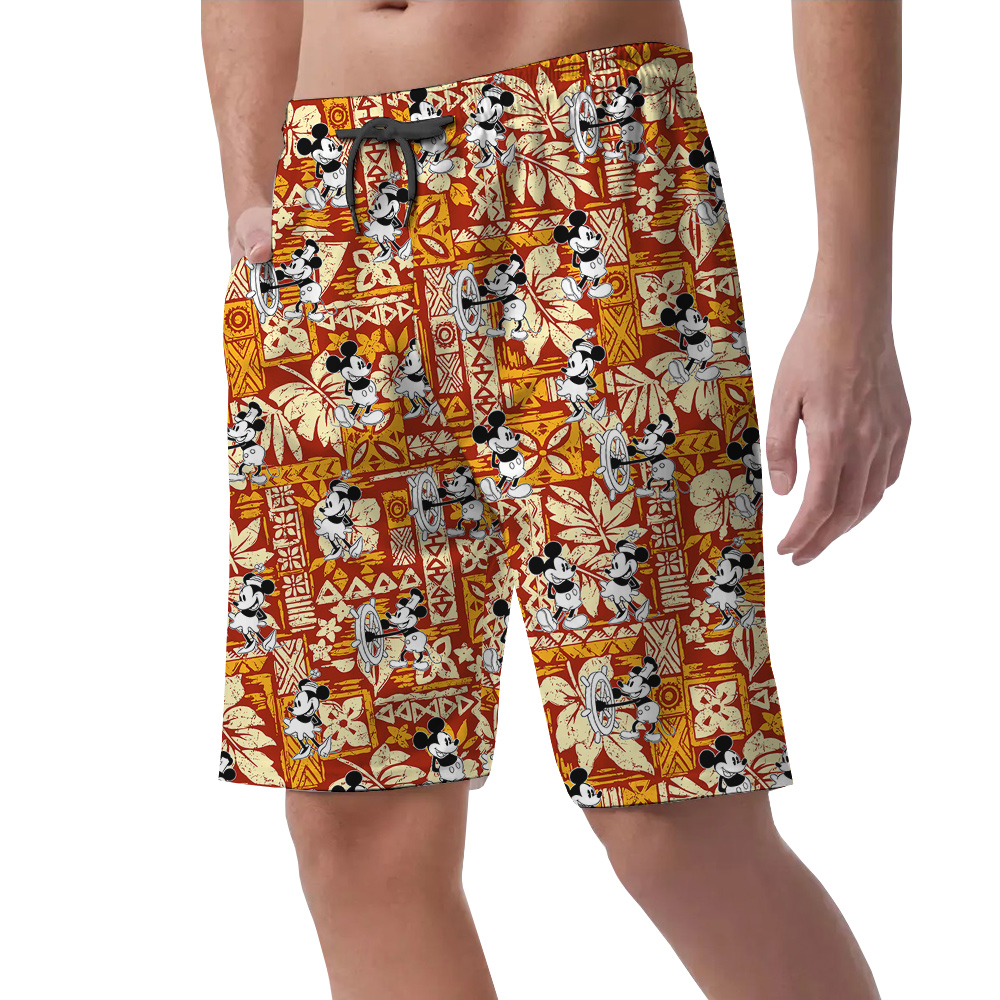 Steamboat Willie Mickey Tapa Hibiscus Orange Hawaiian Beach Shorts For Men