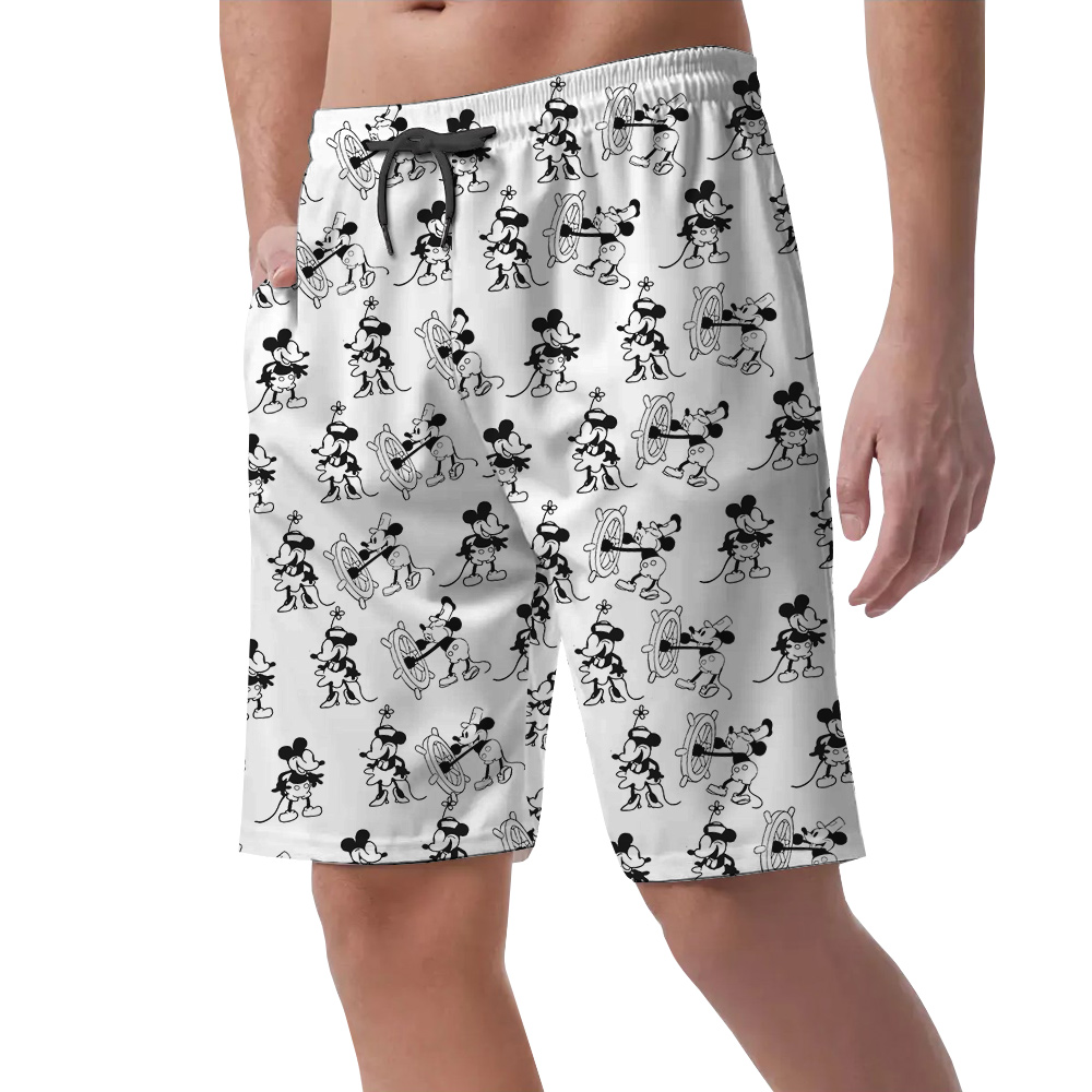 Cute Mickey Steamboat Willie Vintage Hawaiian Beach Shorts For Men