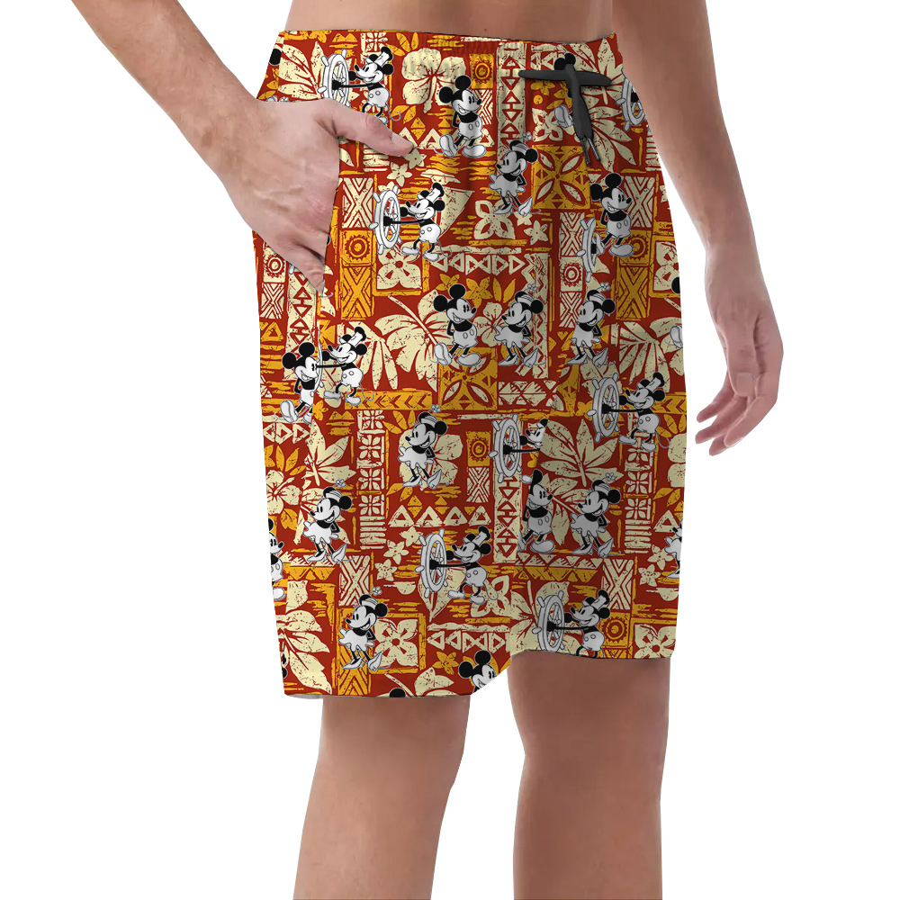 Steamboat Willie Mickey Tapa Hibiscus Orange Hawaiian Beach Shorts For Men