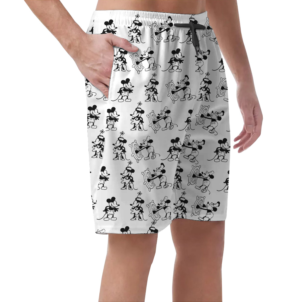 Cute Mickey Steamboat Willie Vintage Hawaiian Beach Shorts For Men