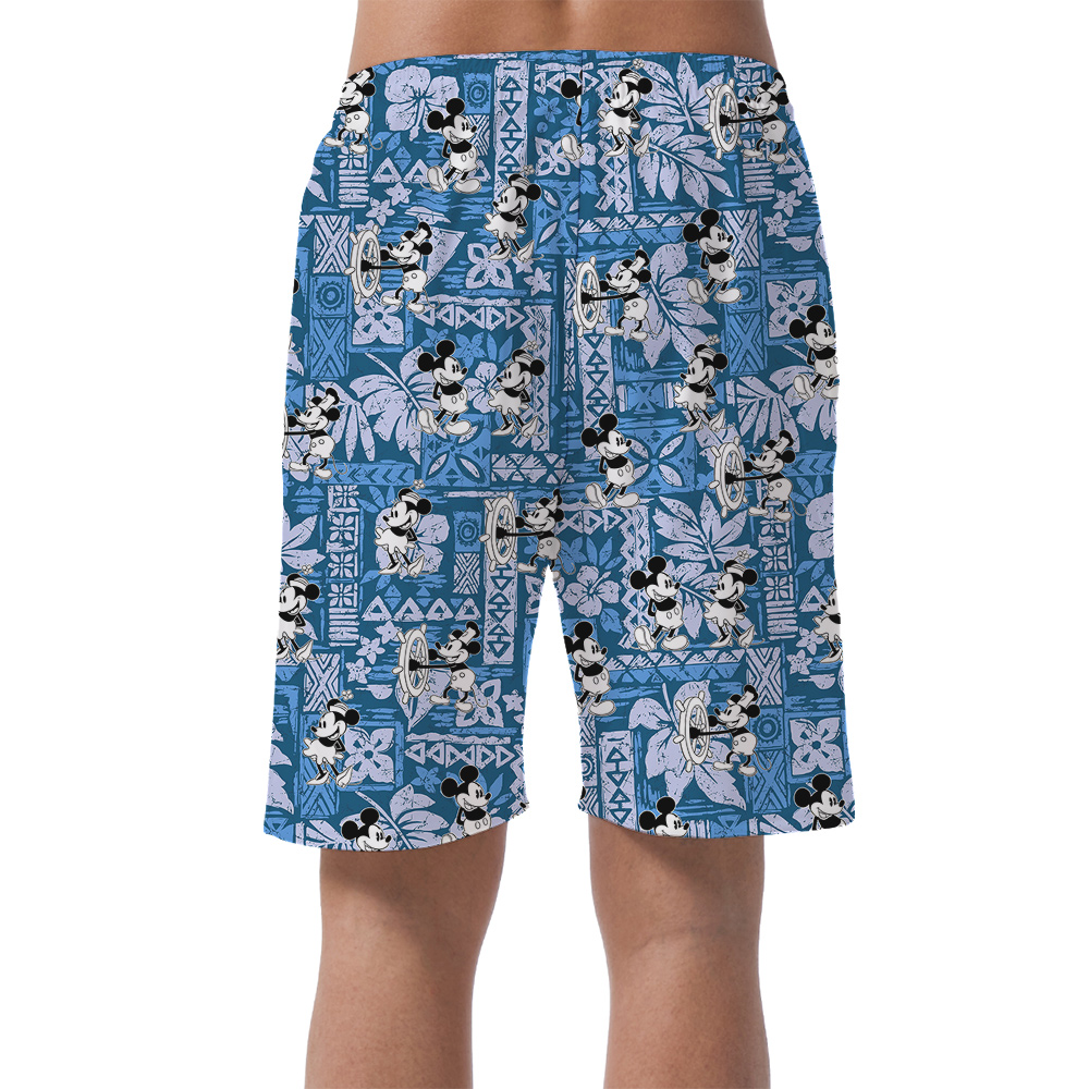 Cute Mickey Steamboat Willie 1928 Vintage Navy Hawaiian Beach Shorts For Men