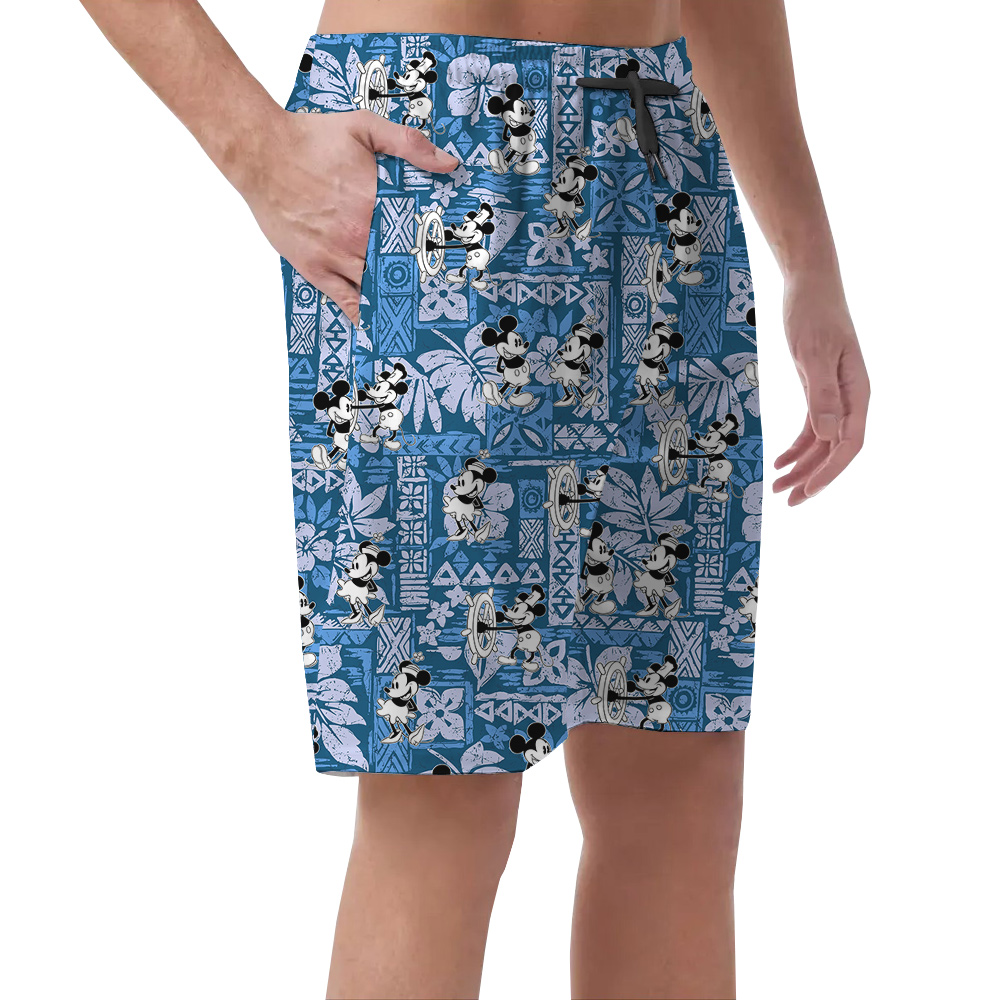 Cute Mickey Steamboat Willie 1928 Vintage Navy Hawaiian Beach Shorts For Men