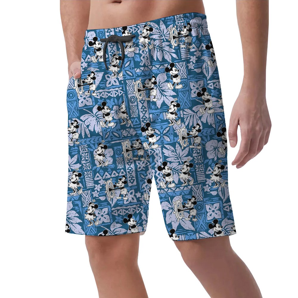 Cute Mickey Steamboat Willie 1928 Vintage Navy Hawaiian Beach Shorts For Men