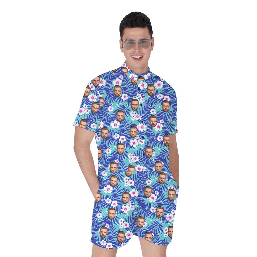 Custom Face Men's Hawaiian Romper With Floral Print - variant image 1