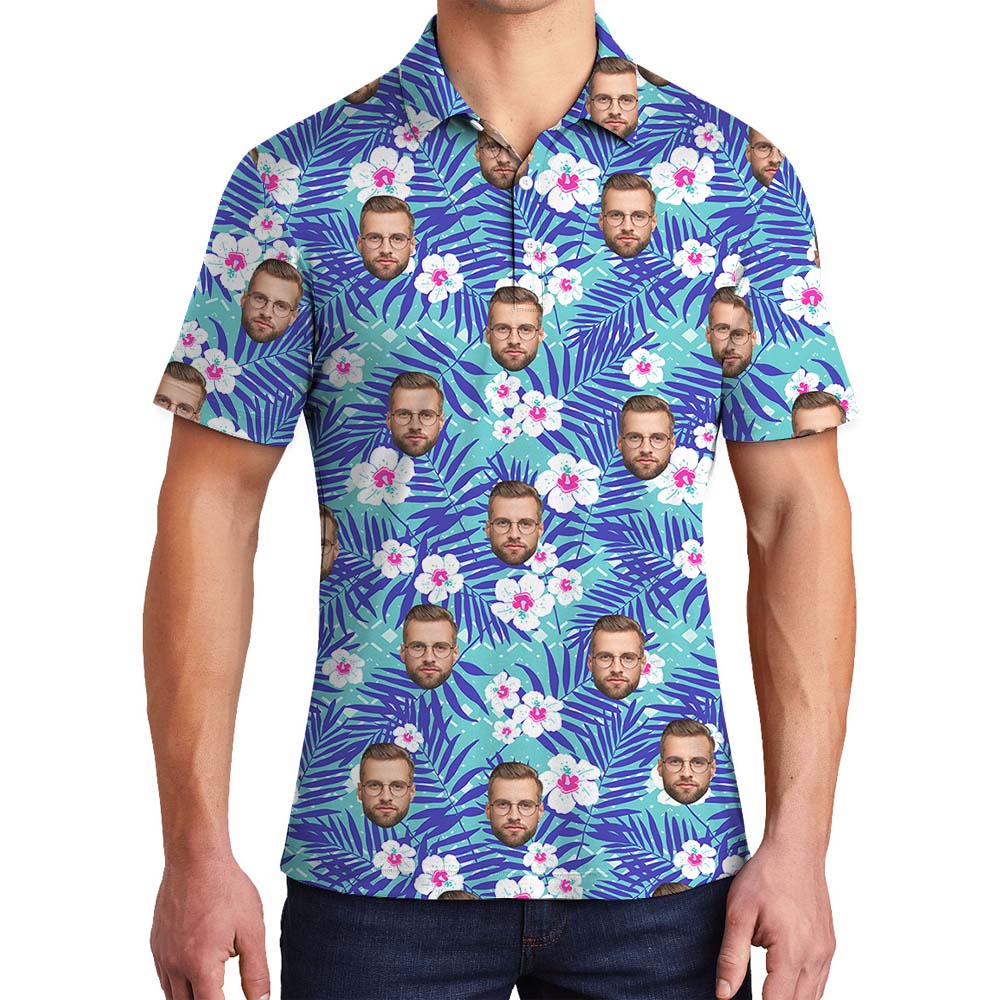 Custom Floral Blue Men's Polo Shirt With Faces - variant image 1