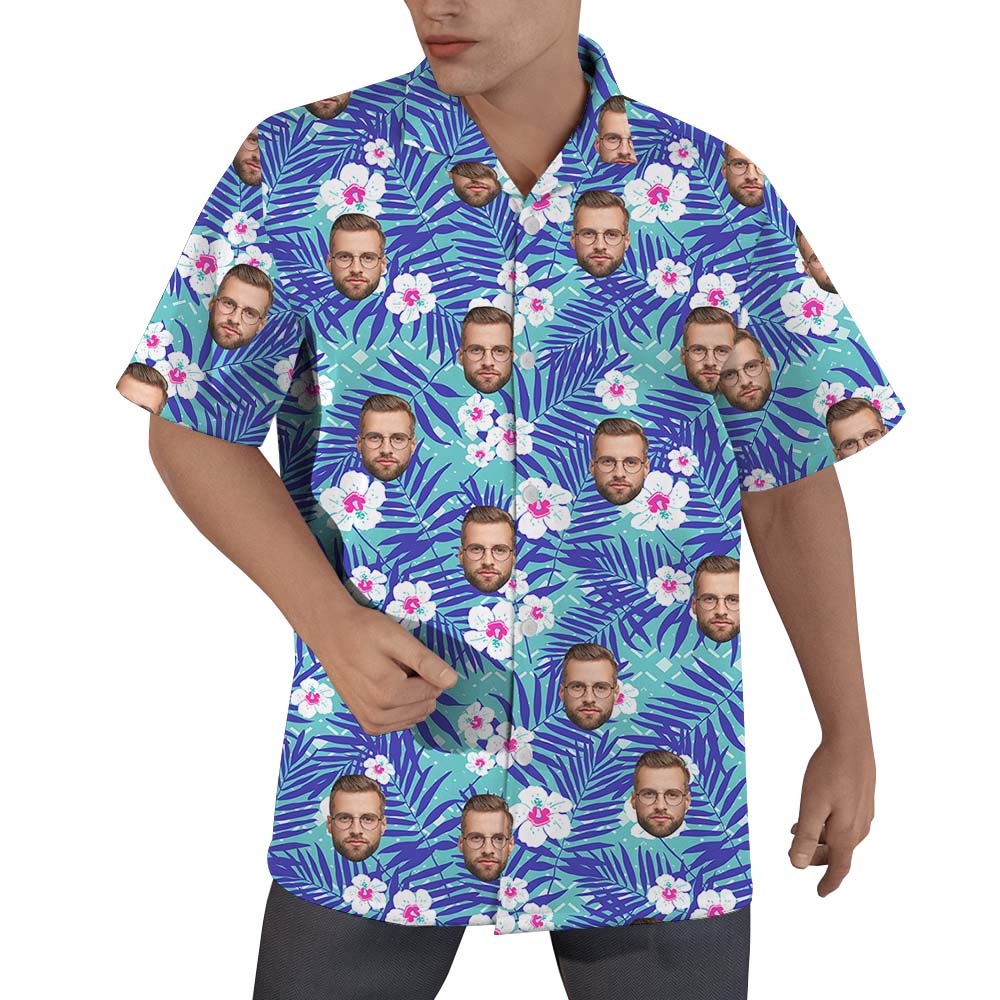 Custom Face Tropical Flower Hawaiian Button Up Shirt - variant image 1