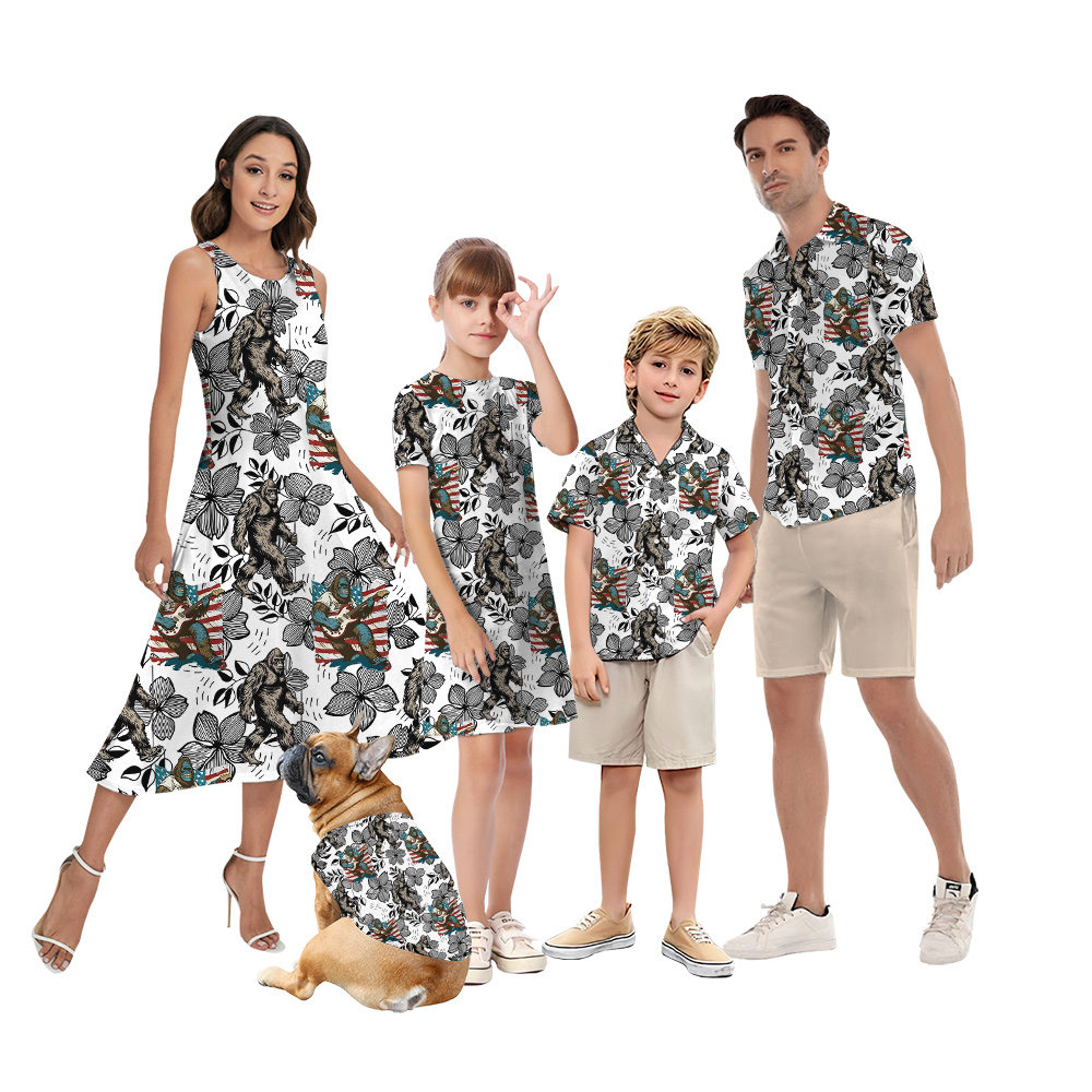 American Flag Bigfoot Floral Matching Family Hawaiian Outfits - variant image 1