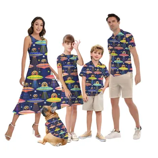 Dog Encounter Matching Family Hawaiian Outfits with Dog Face