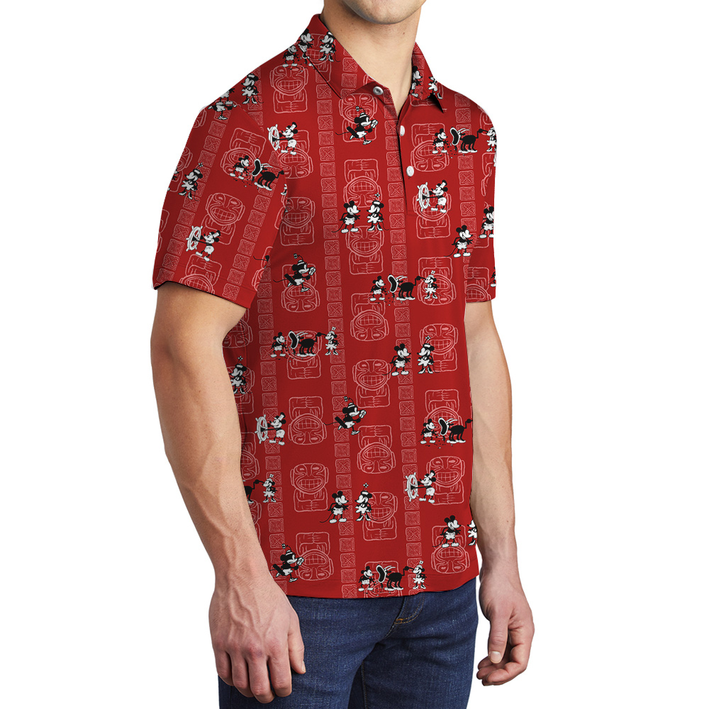 Steamboat Willie Mickey Vintage Red Hawaiian Polo Shirt