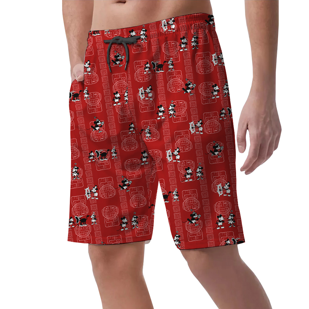 Vintage Steamboat Willie Mickey Red Hawaiian Beach Shorts For Men