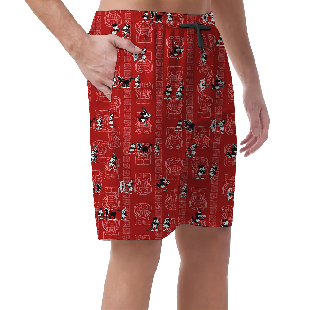 Vintage Steamboat Willie Mickey Red Hawaiian Beach Shorts For Men