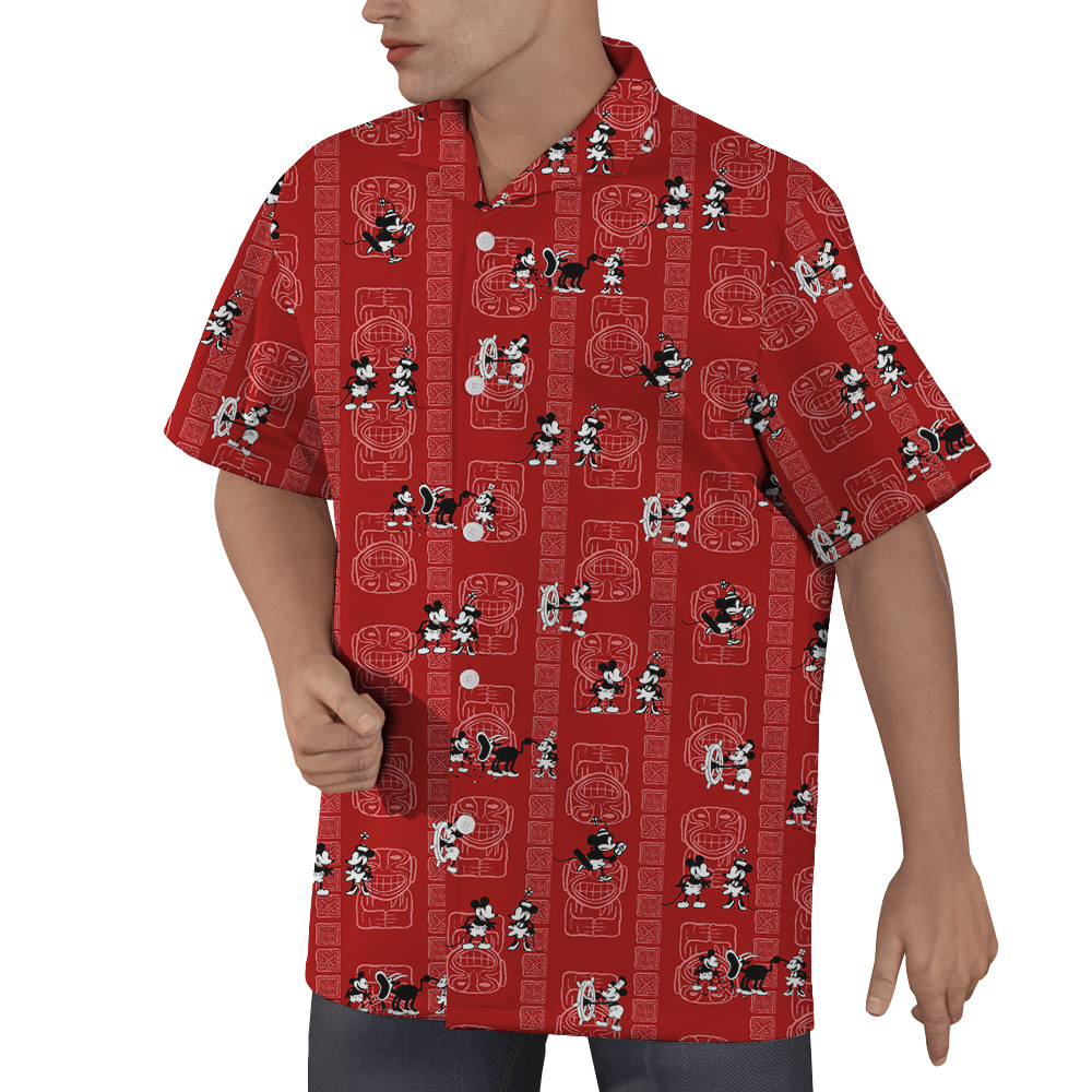 Vintage Tiki Steamboat Willie Mickey Red Hawaiian Shirt