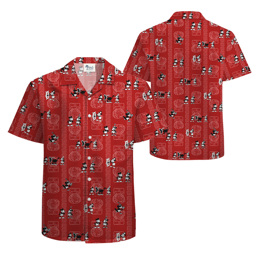Vintage Tiki Steamboat Willie Mickey Red Hawaiian Shirt
