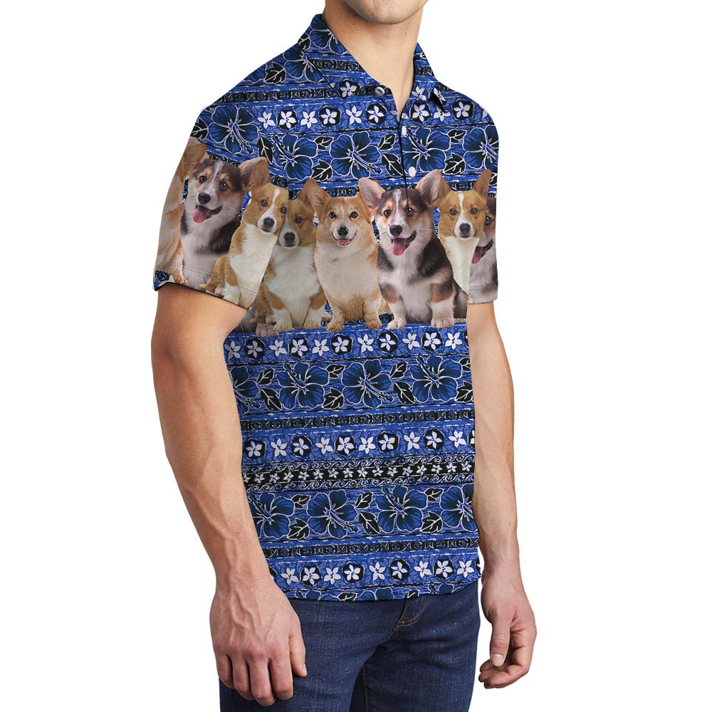 Cute Corgi Blue Hawaiian Polo Men