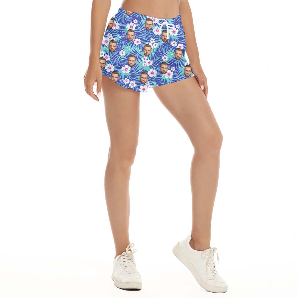 Custom Face Tropical Floral Women's Shorts Blue