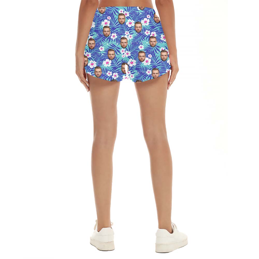 Custom Face Tropical Floral Women's Shorts Blue