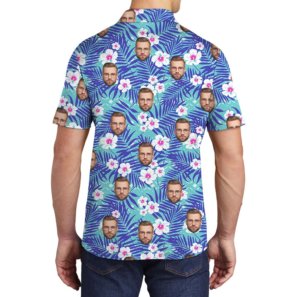Custom Floral Blue Men's Polo Shirt With Faces