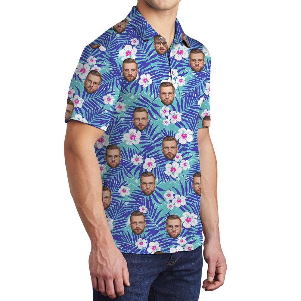 Custom Floral Blue Men's Polo Shirt With Faces