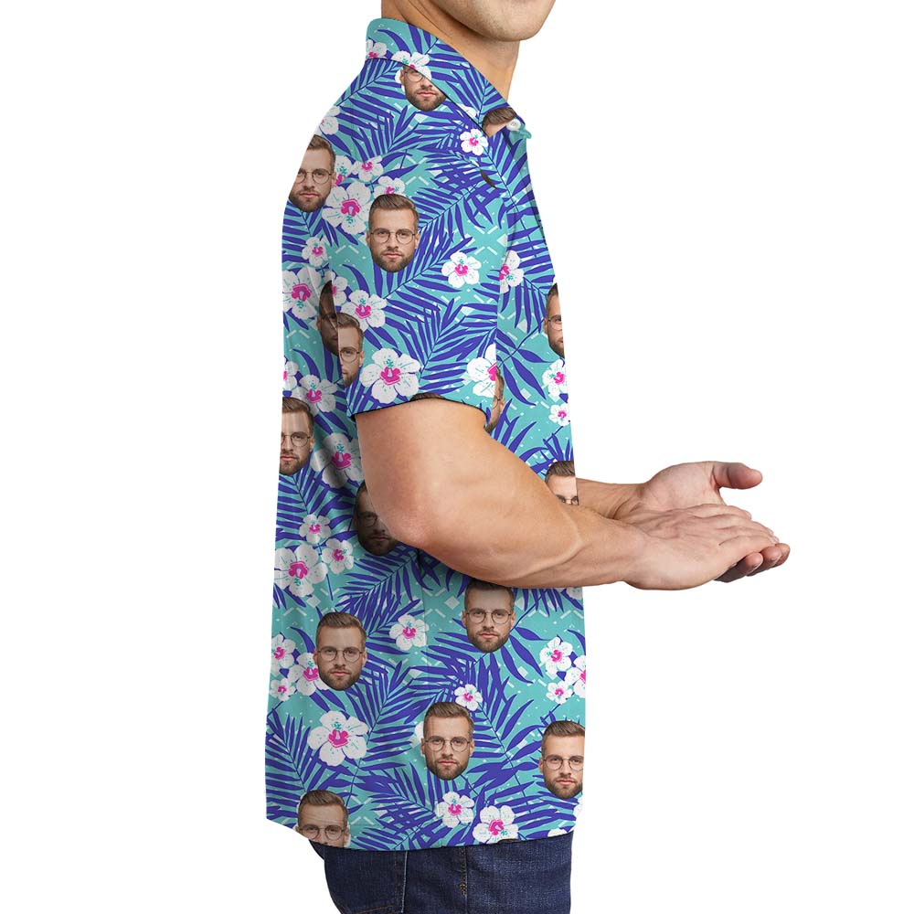 Custom Floral Blue Men's Polo Shirt With Faces