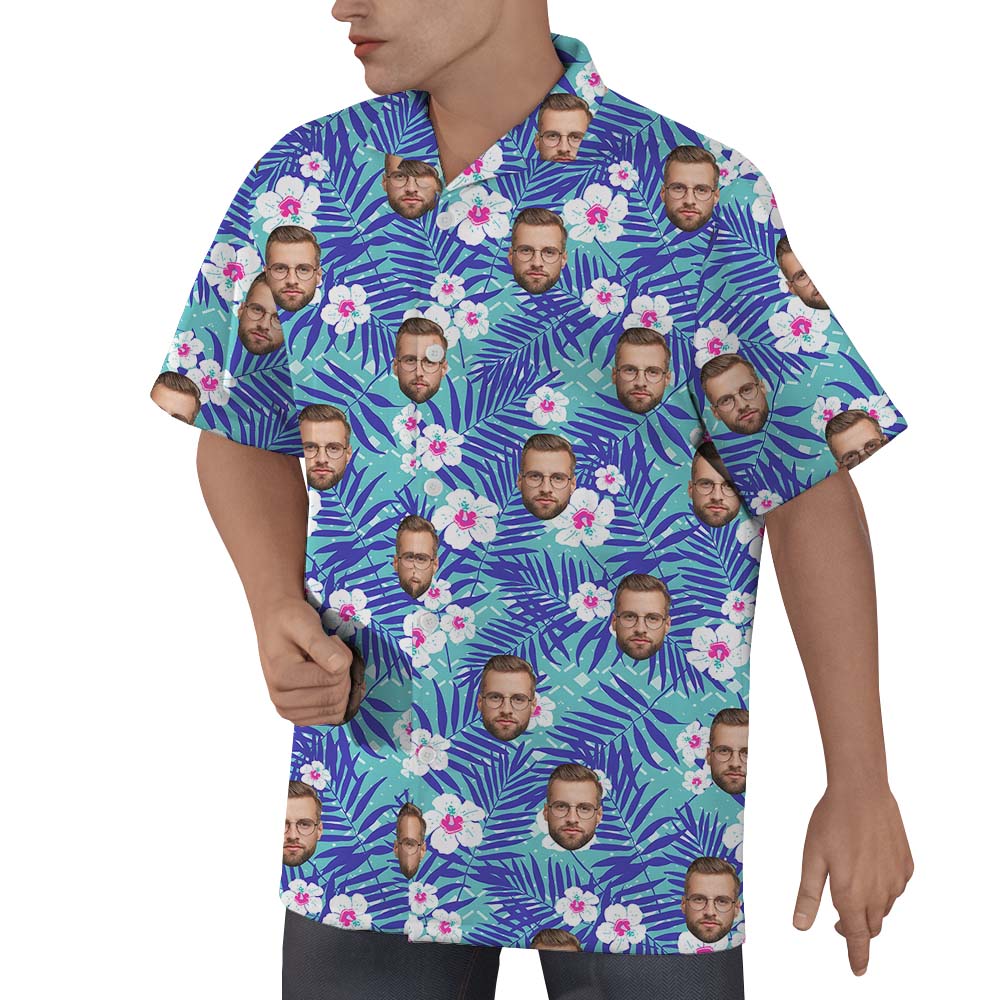 Custom Face Tropical Flower Hawaiian Button Up Shirt