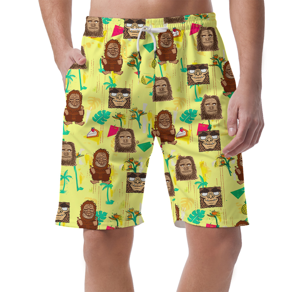 Funny Tiki Bigfoot Yellow Hawaiian Beach Shorts For Men - variant image 1