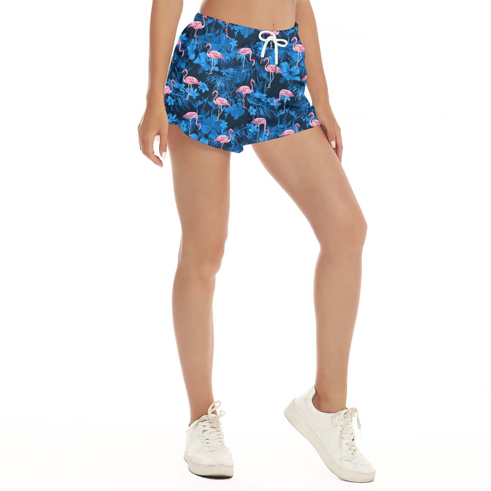 Flamingo Tropical Leaf Blue Women's Shorts